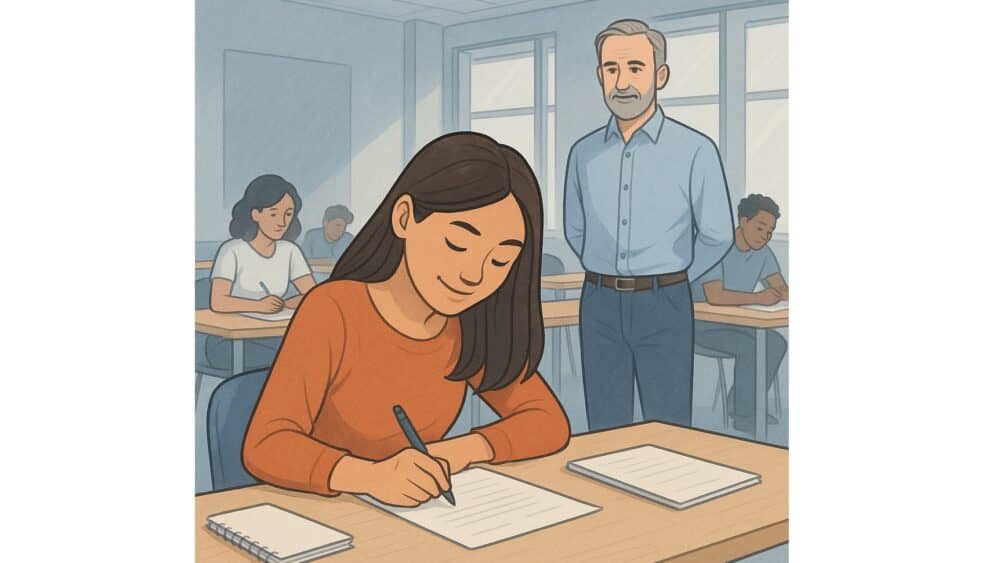 Illustration d’une jeune adulte concentrée pendant une évaluation en centre de formation, représentant les adaptations possibles pour les personnes avec TDAH.