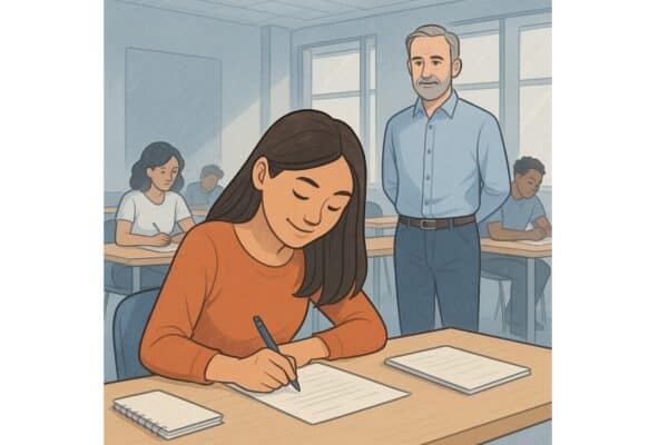 Illustration d’une jeune adulte concentrée pendant une évaluation en centre de formation, représentant les adaptations possibles pour les personnes avec TDAH.