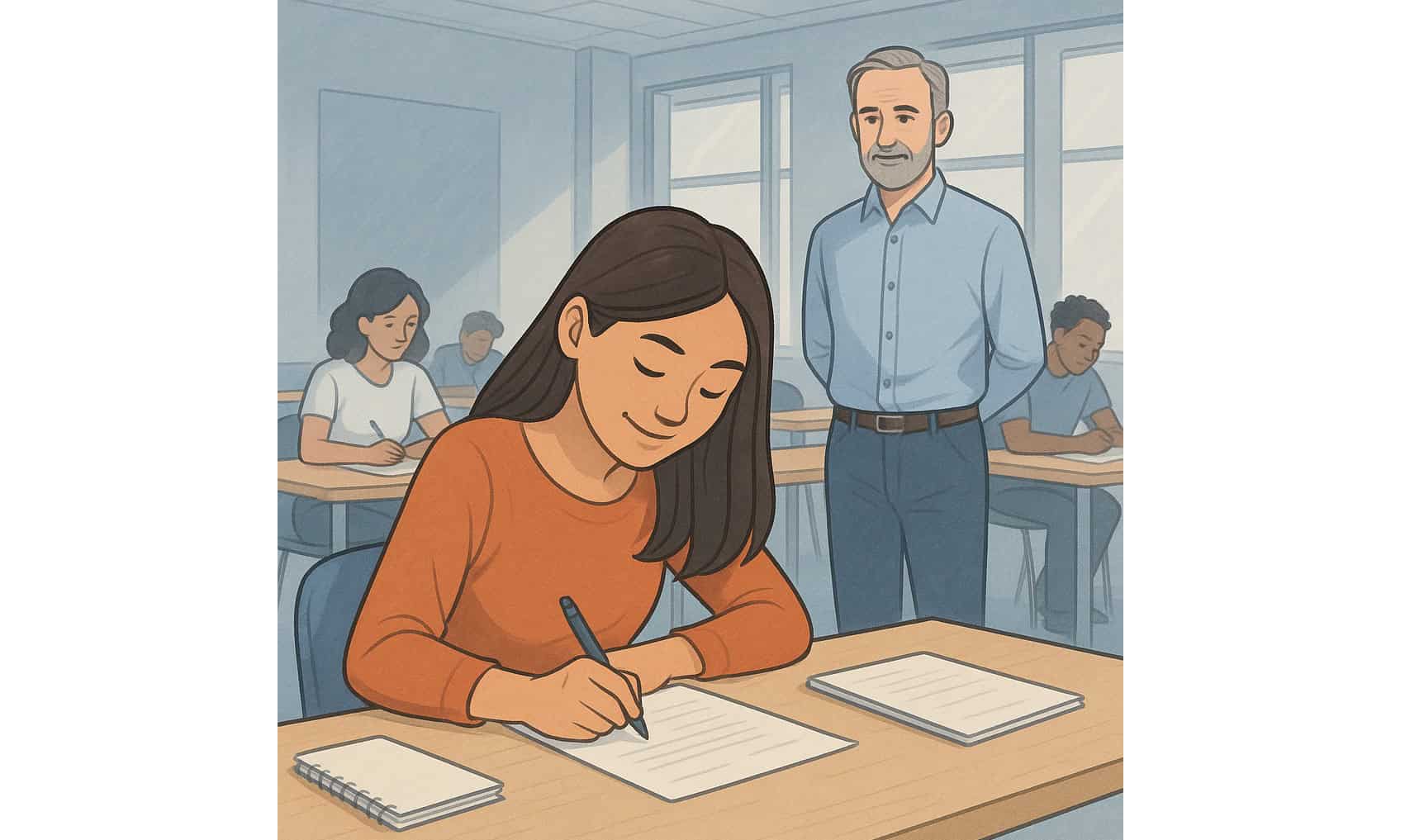 Illustration d’une jeune adulte concentrée pendant une évaluation en centre de formation, représentant les adaptations possibles pour les personnes avec TDAH.