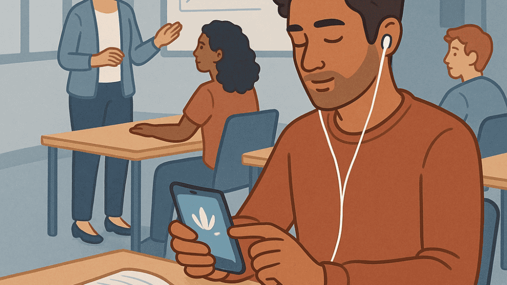Illustration d’un jeune adulte utilisant une application de méditation sur smartphone pendant une formation, symbolisant les outils numériques d’autorégulation pour les personnes avec TDAH.