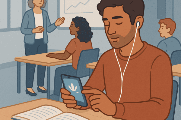 Illustration d’un jeune adulte utilisant une application de méditation sur smartphone pendant une formation, symbolisant les outils numériques d’autorégulation pour les personnes avec TDAH.