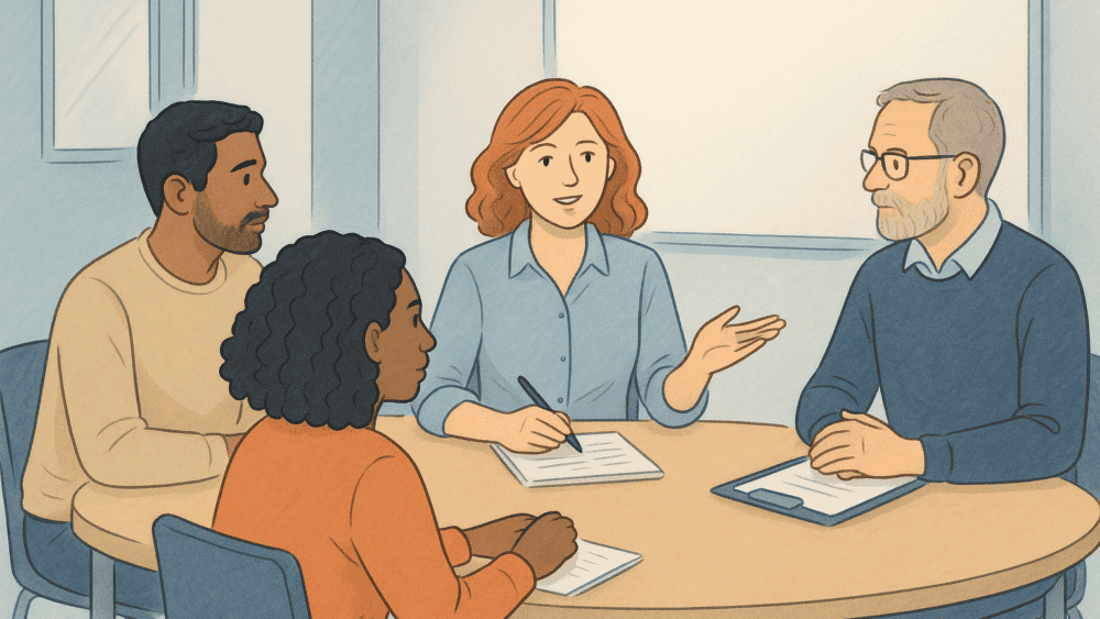 Illustration d’une référente handicap animant une réunion avec des formateurs et apprenants, illustrant son rôle de coordination face aux troubles cognitifs invisibles en organisme de formation.