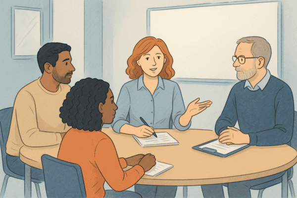 Illustration d’une référente handicap animant une réunion avec des formateurs et apprenants, illustrant son rôle de coordination face aux troubles cognitifs invisibles en organisme de formation.