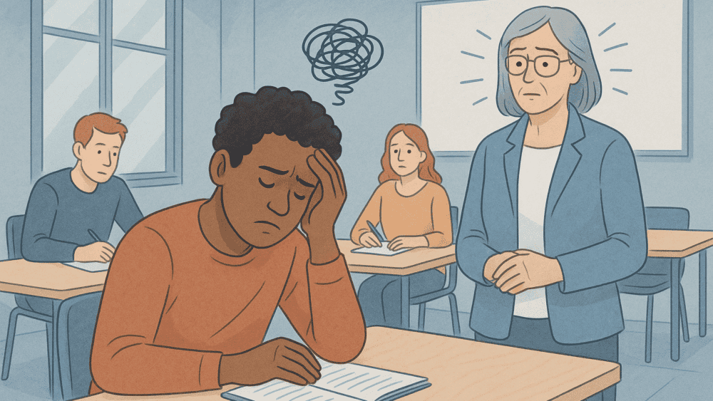 Illustration d’un jeune adulte en difficulté cognitive en salle de formation, observé avec attention par une formatrice expérimentée, représentant les signes du TDAH chez l’apprenant adulte.
