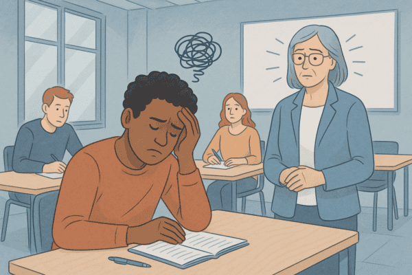 Illustration d’un jeune adulte en difficulté cognitive en salle de formation, observé avec attention par une formatrice expérimentée, représentant les signes du TDAH chez l’apprenant adulte.