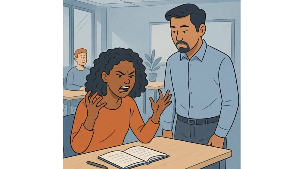 Illustration d’une jeune adulte en formation exprimant de l’irritabilité face à la surcharge cognitive, accompagnée par un formateur attentif dans une salle de formation moderne.