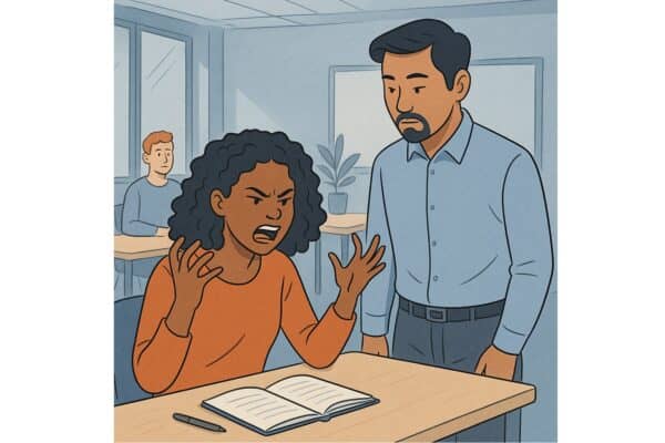 Illustration d’une jeune adulte en formation exprimant de l’irritabilité face à la surcharge cognitive, accompagnée par un formateur attentif dans une salle de formation moderne.