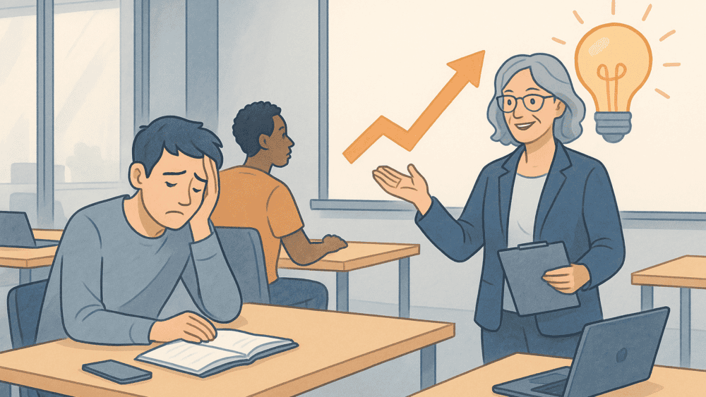 Illustration d'une formatrice adulte expliquant un concept à des apprenants en formation, avec un élève en difficulté, symbolisant les aménagements pour le TDAH en centre de formation.