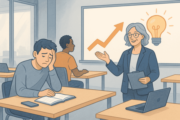 Illustration d'une formatrice adulte expliquant un concept à des apprenants en formation, avec un élève en difficulté, symbolisant les aménagements pour le TDAH en centre de formation.